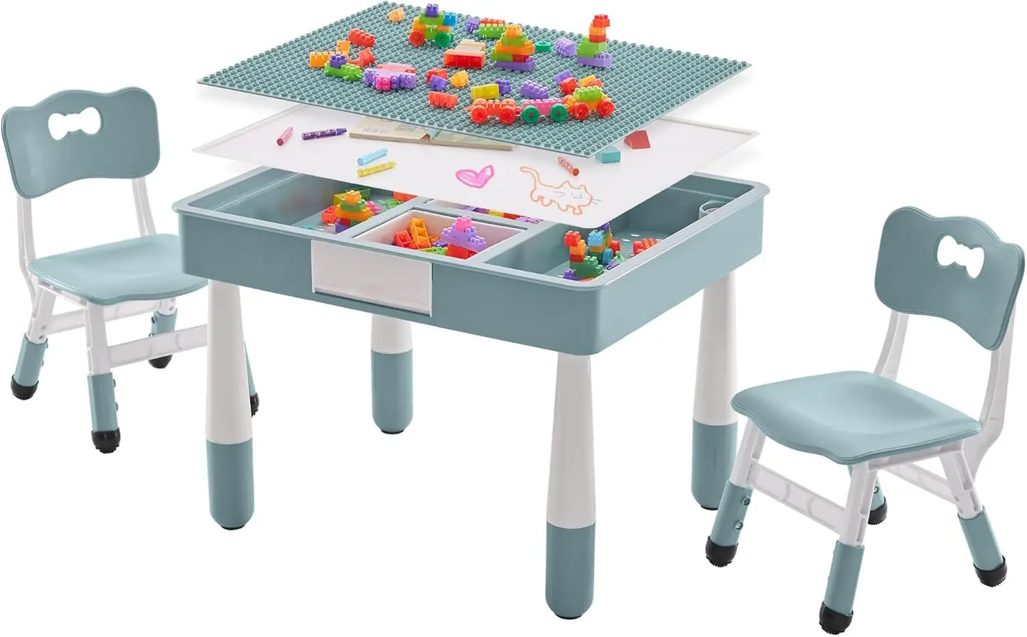 4 in 1 Kids Table and 2 Chairs Set with Storage,Toddler Table and Chair Set for Kids Ages 3-10,Graffiti & Building Blocks Double