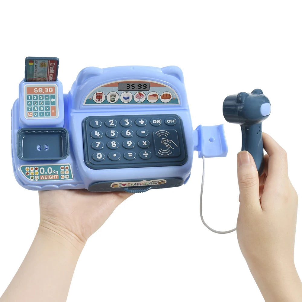 Children's Mini Cash Register With Scanner Montessori Supermarket Play House Game Lights Sound Kids Toys Boy Girl Birthday Gift