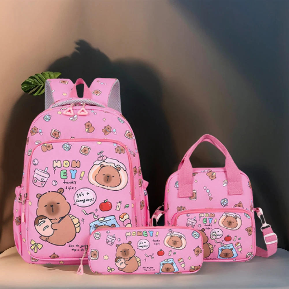 3Pcs Stylish Capybara Rucksack Wear Resist Adorable Capybara Daypack Large Capacity Casual Nylon Bookbag Shopping Work Backpack