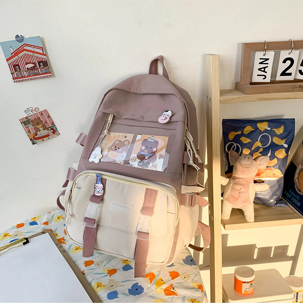 Girls Preppy Style Backpack Hit Color Large Capacity Knapsack Canvas Transparent Patchwork Rucksack Handbags