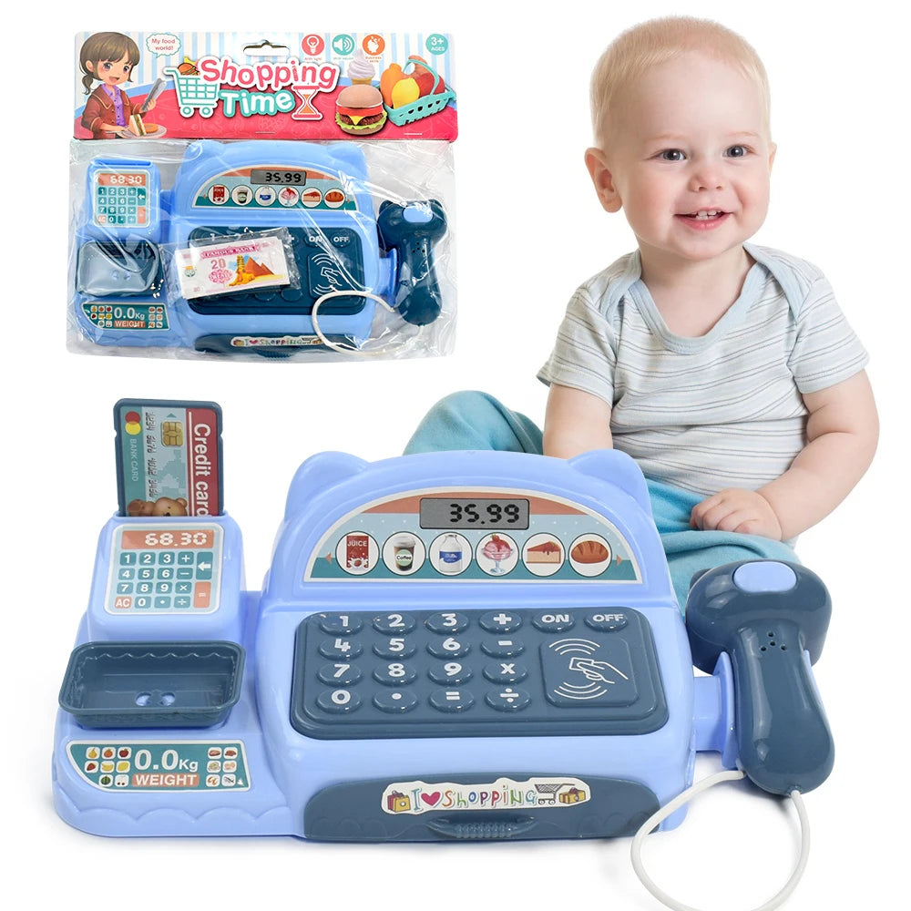 Children's Mini Cash Register With Scanner Montessori Supermarket Play House Game Lights Sound Kids Toys Boy Girl Birthday Gift
