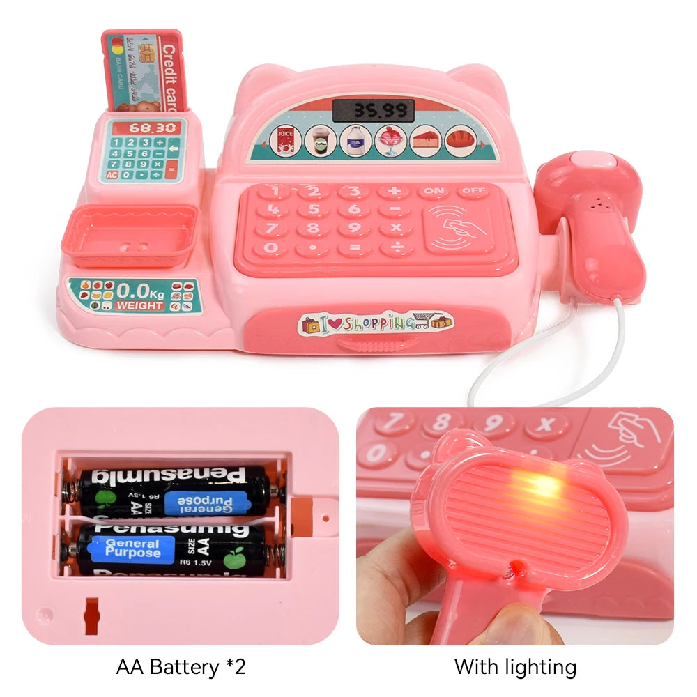 Children's Mini Cash Register With Scanner Montessori Supermarket Play House Game Lights Sound Kids Toys Boy Girl Birthday Gift