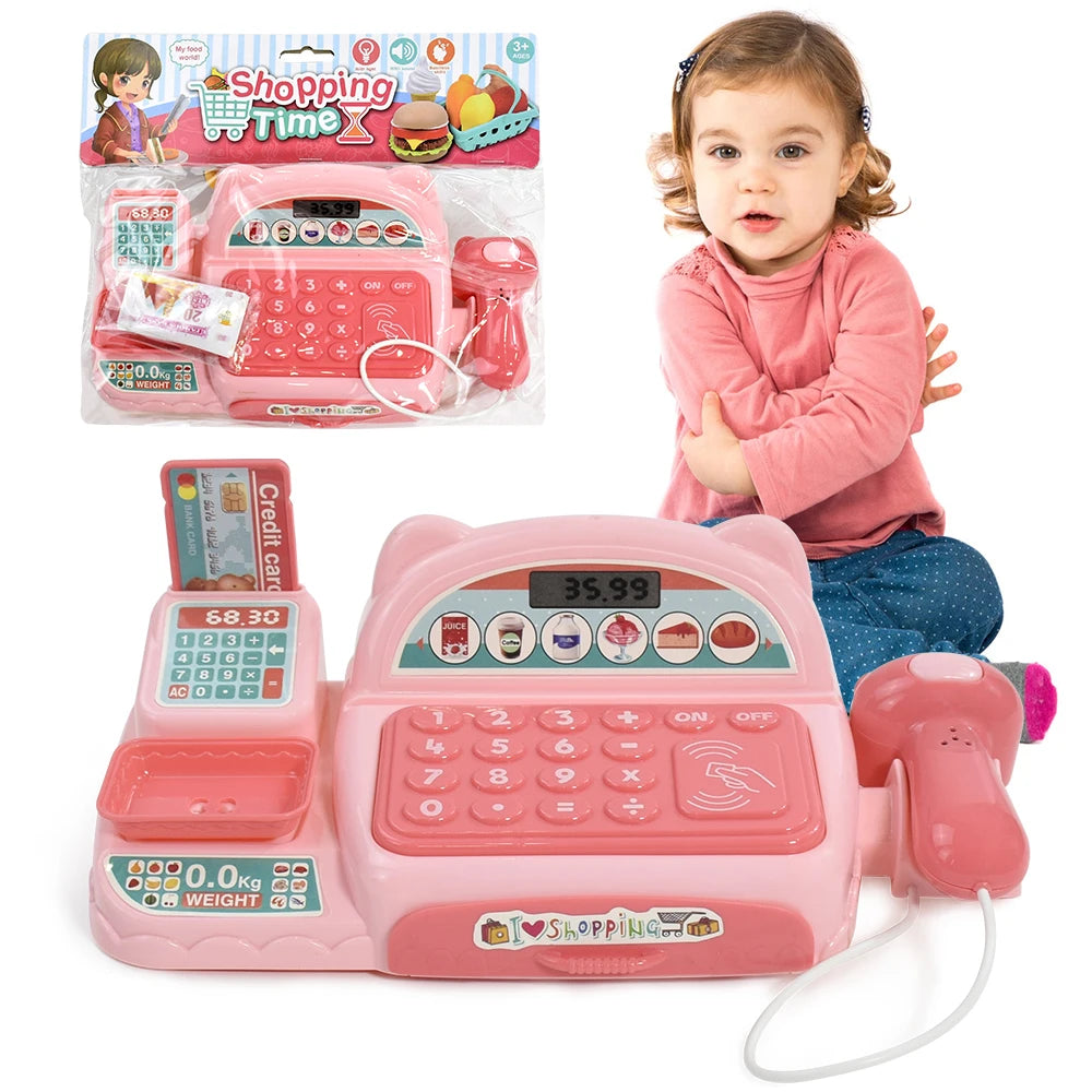 Children's Mini Cash Register With Scanner Montessori Supermarket Play House Game Lights Sound Kids Toys Boy Girl Birthday Gift