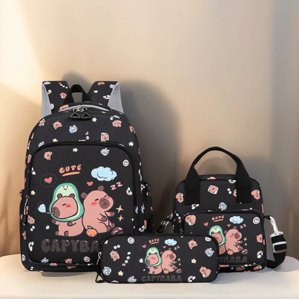 3Pcs Stylish Capybara Rucksack Wear Resist Adorable Capybara Daypack Large Capacity Casual Nylon Bookbag Shopping Work Backpack