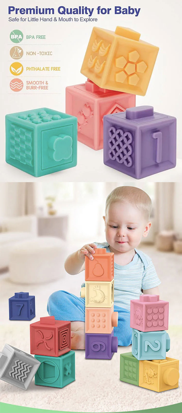 Montessori Baby Kids Toy Baby Blocks Touch Toys Soft Cubes For Children