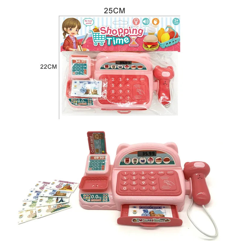 Children's Mini Cash Register With Scanner Montessori Supermarket Play House Game Lights Sound Kids Toys Boy Girl Birthday Gift