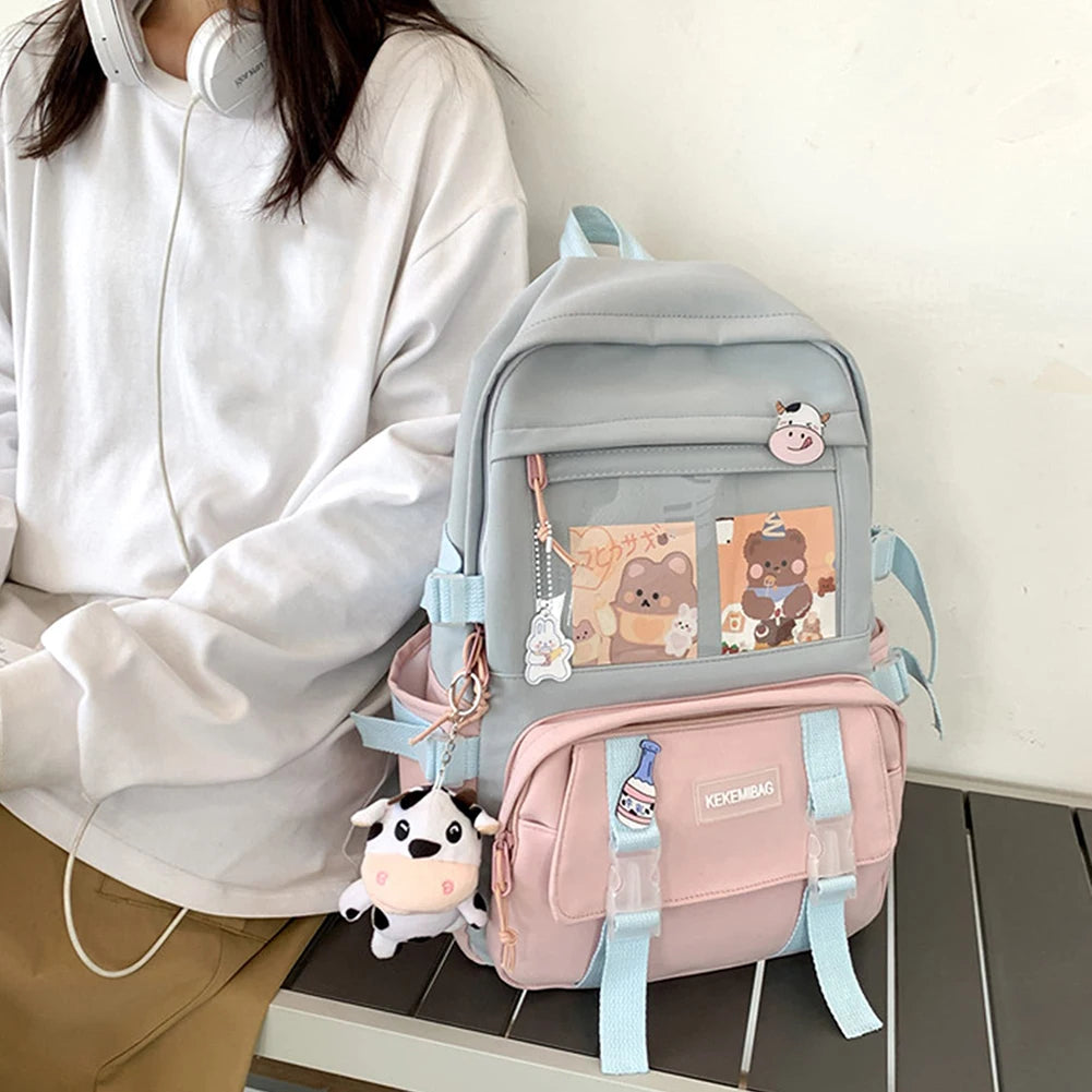 Girls Preppy Style Backpack Hit Color Large Capacity Knapsack Canvas Transparent Patchwork Rucksack Handbags