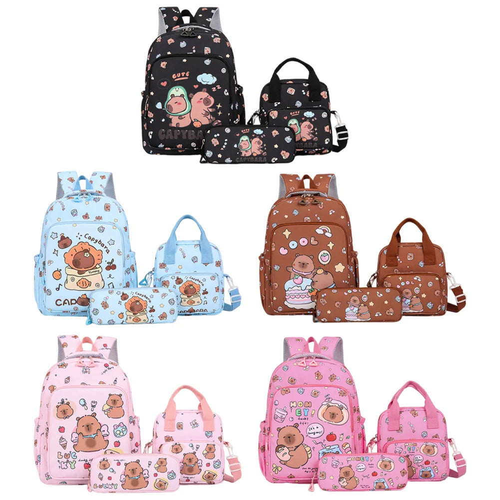 3Pcs Stylish Capybara Rucksack Wear Resist Adorable Capybara Daypack Large Capacity Casual Nylon Bookbag Shopping Work Backpack