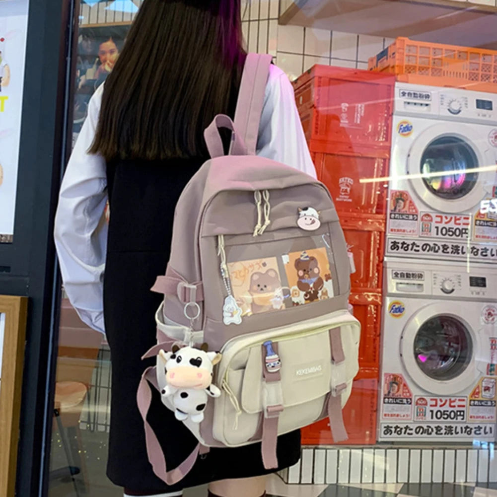 Girls Preppy Style Backpack Hit Color Large Capacity Knapsack Canvas Transparent Patchwork Rucksack Handbags