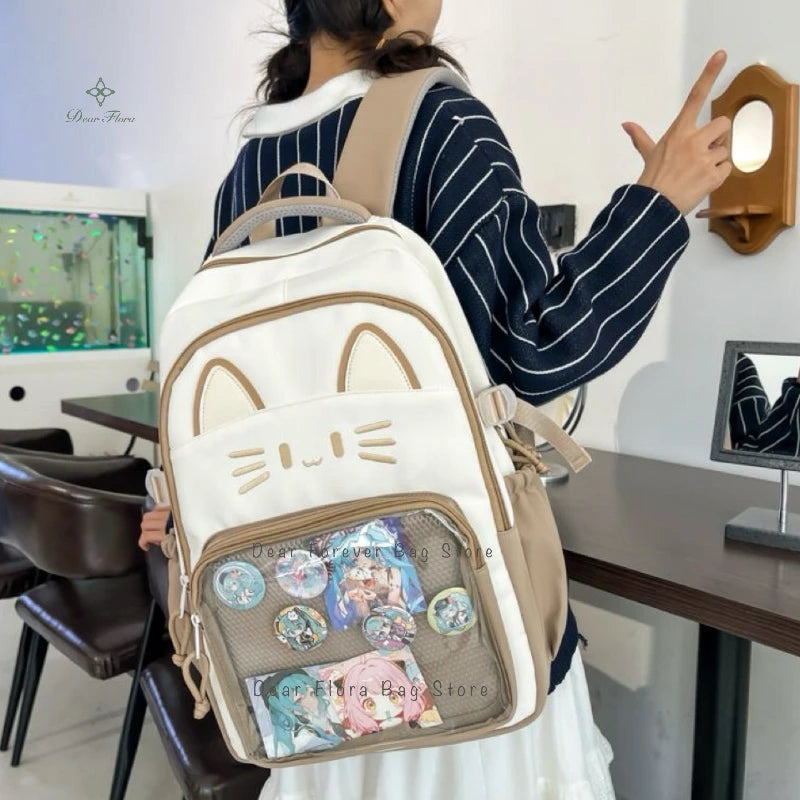 Cute Cat Ita Backpacks Large Capacity Knapsack Casual Girl Transparent DIY Display Rucksack Cartoon Trendy Travel Schoolbags