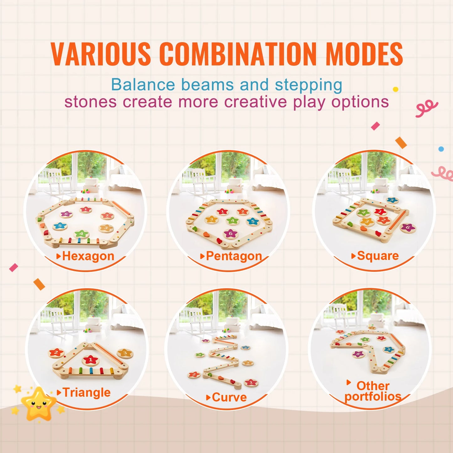 6 PCS Balance Beam Stepping Stones Indoor Outdoor Wooden