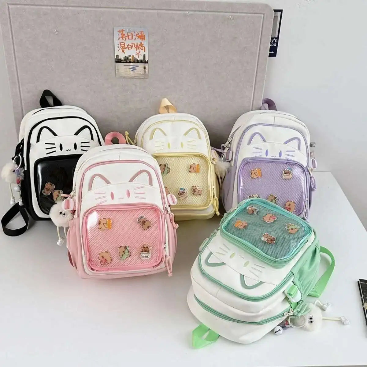 Cute Cat Ita Backpacks Large Capacity Knapsack Casual Girl Transparent DIY Display Rucksack Cartoon Trendy Travel Schoolbags