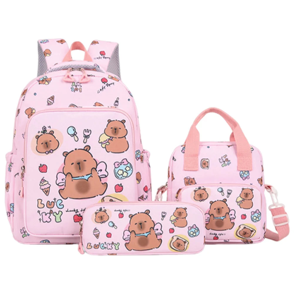 3Pcs Stylish Capybara Rucksack Wear Resist Adorable Capybara Daypack Large Capacity Casual Nylon Bookbag Shopping Work Backpack