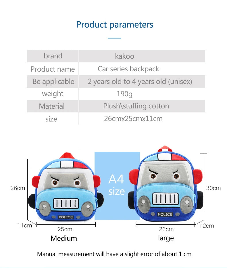 Stereo cartoon car backpack boy girl 2-4 years old kindergarten school bag kids backpack plush backpack