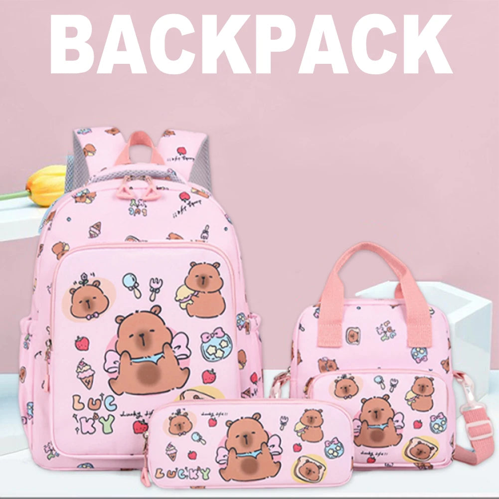 3Pcs Stylish Capybara Rucksack Wear Resist Adorable Capybara Daypack Large Capacity Casual Nylon Bookbag Shopping Work Backpack