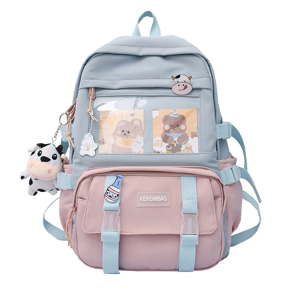 Girls Preppy Style Backpack Hit Color Large Capacity Knapsack Canvas Transparent Patchwork Rucksack Handbags