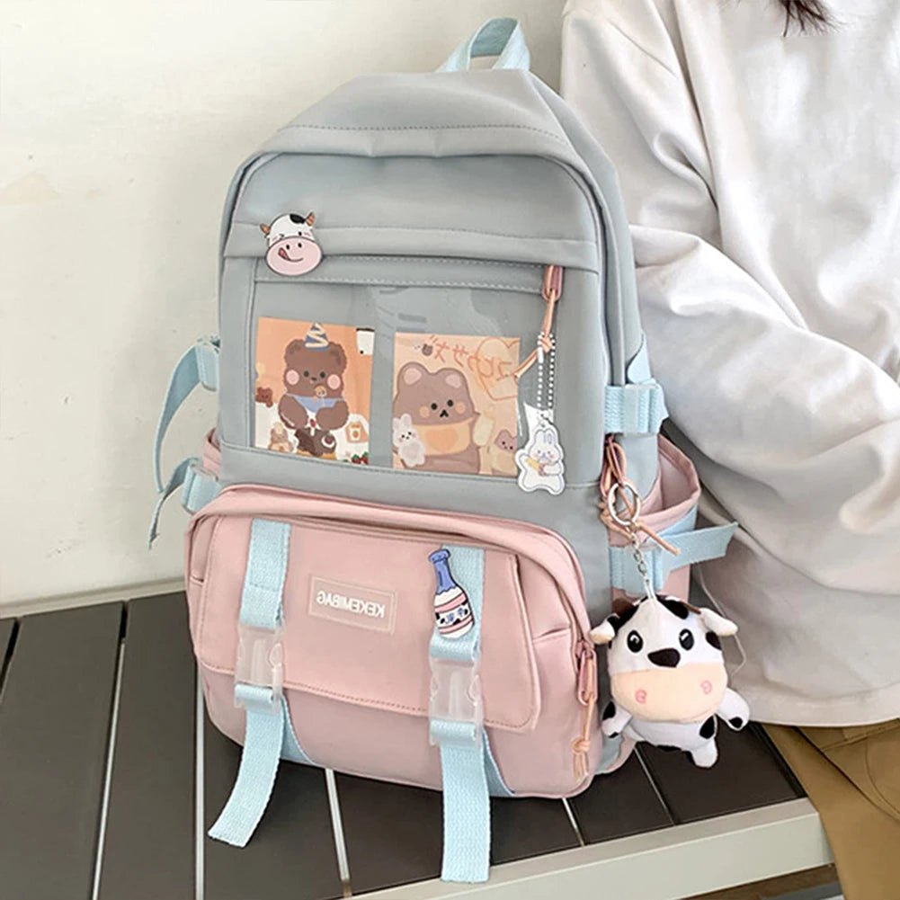 Girls Preppy Style Backpack Hit Color Large Capacity Knapsack Canvas Transparent Patchwork Rucksack Handbags