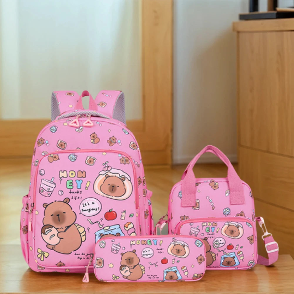 3Pcs Stylish Capybara Rucksack Wear Resist Adorable Capybara Daypack Large Capacity Casual Nylon Bookbag Shopping Work Backpack