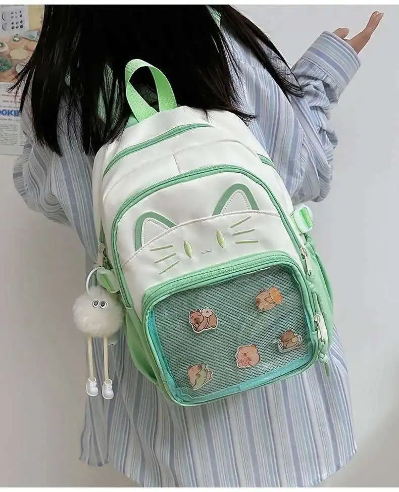 Cute Cat Ita Backpacks Large Capacity Knapsack Casual Girl Transparent DIY Display Rucksack Cartoon Trendy Travel Schoolbags