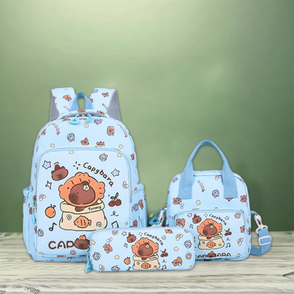 3Pcs Stylish Capybara Rucksack Wear Resist Adorable Capybara Daypack Large Capacity Casual Nylon Bookbag Shopping Work Backpack