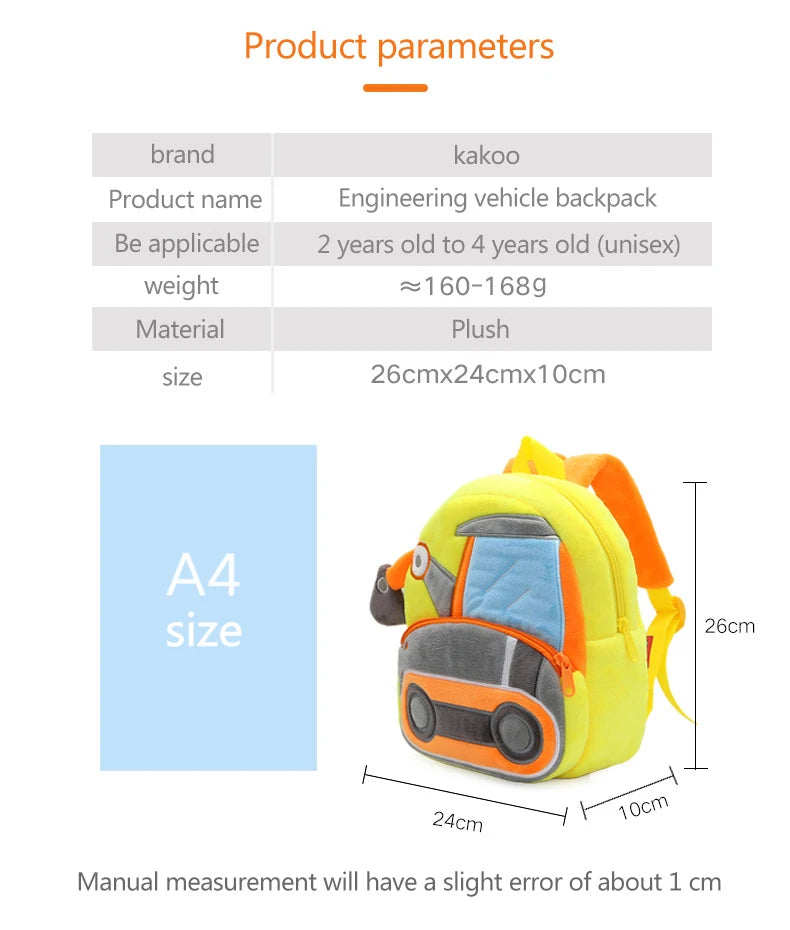 2-4 years old kids engineering backpack cartoon excavator backpack plush kids small school bag toy backpack