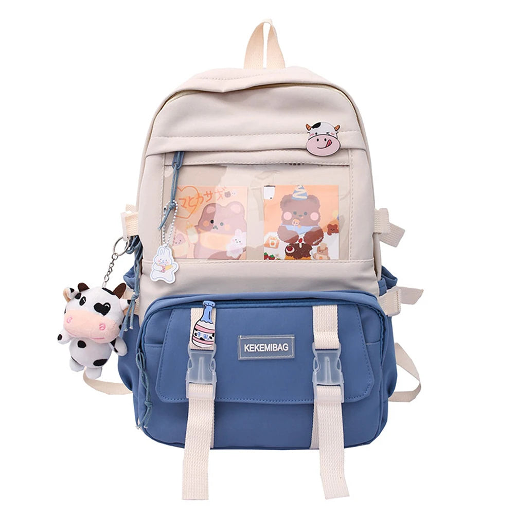 Girls Preppy Style Backpack Hit Color Large Capacity Knapsack Canvas Transparent Patchwork Rucksack Handbags