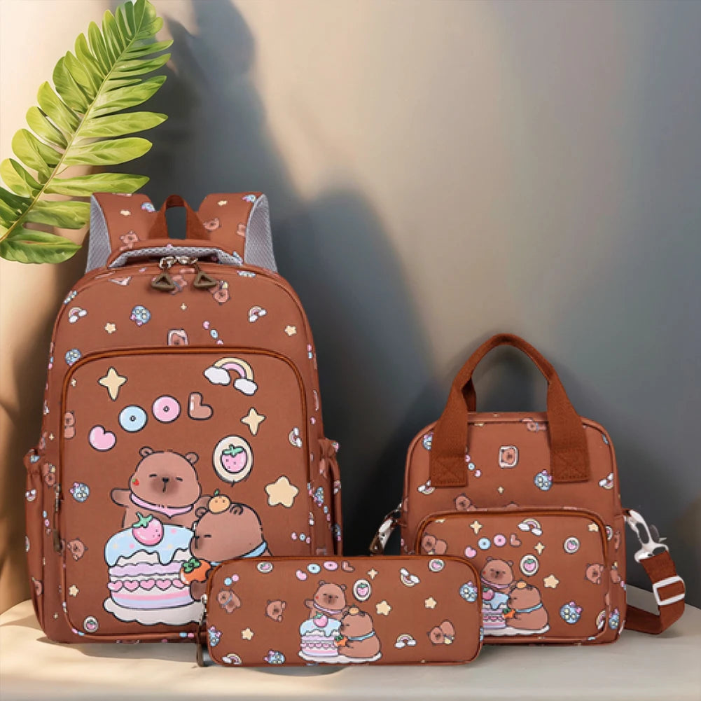3Pcs Stylish Capybara Rucksack Wear Resist Adorable Capybara Daypack Large Capacity Casual Nylon Bookbag Shopping Work Backpack