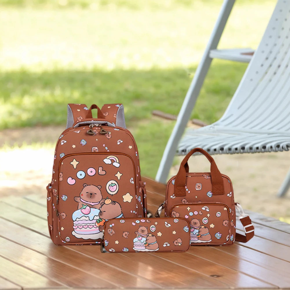 3Pcs Stylish Capybara Rucksack Wear Resist Adorable Capybara Daypack Large Capacity Casual Nylon Bookbag Shopping Work Backpack