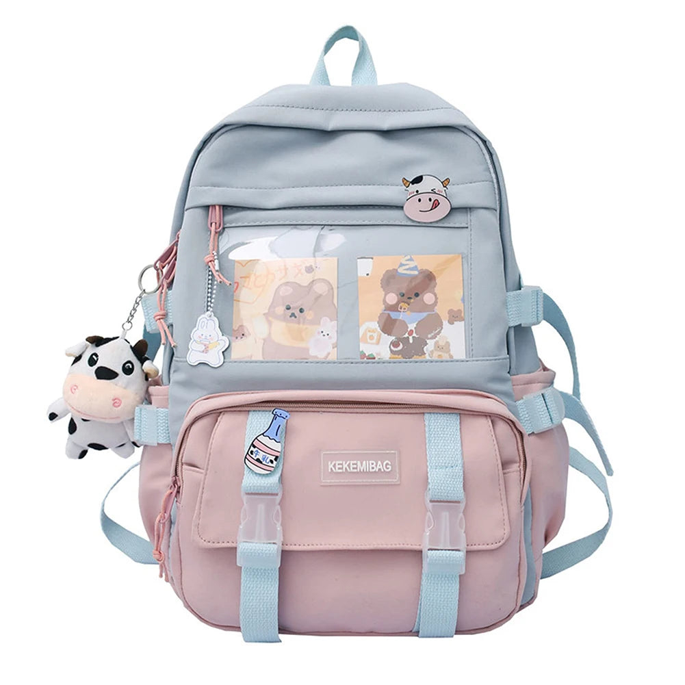 Girls Preppy Style Backpack Hit Color Large Capacity Knapsack Canvas Transparent Patchwork Rucksack Handbags