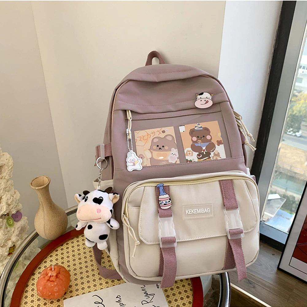 Girls Preppy Style Backpack Hit Color Large Capacity Knapsack Canvas Transparent Patchwork Rucksack Handbags