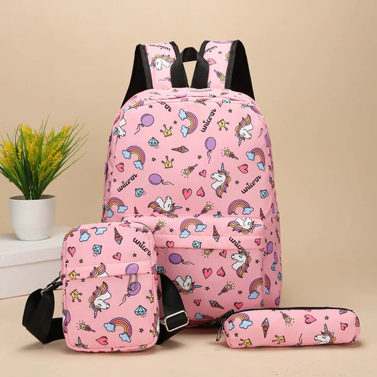 Middle school backpack  unicorn children's backpack crossbody bag pen bag three-piece backpack