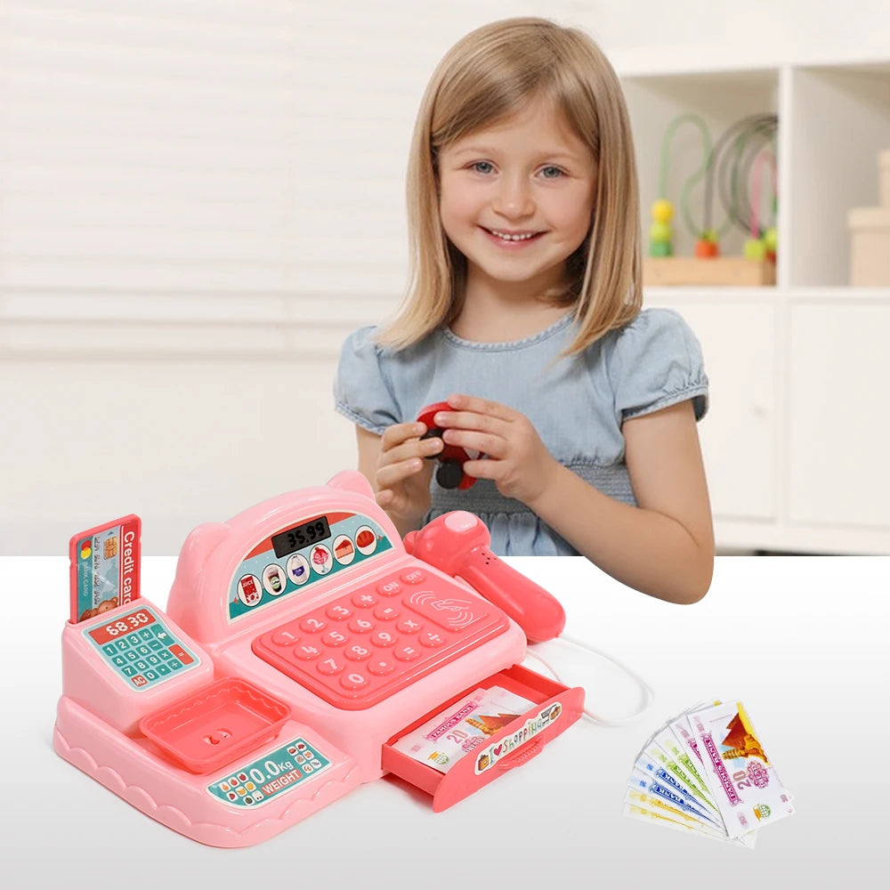 Children's Mini Cash Register With Scanner Montessori Supermarket Play House Game Lights Sound Kids Toys Boy Girl Birthday Gift