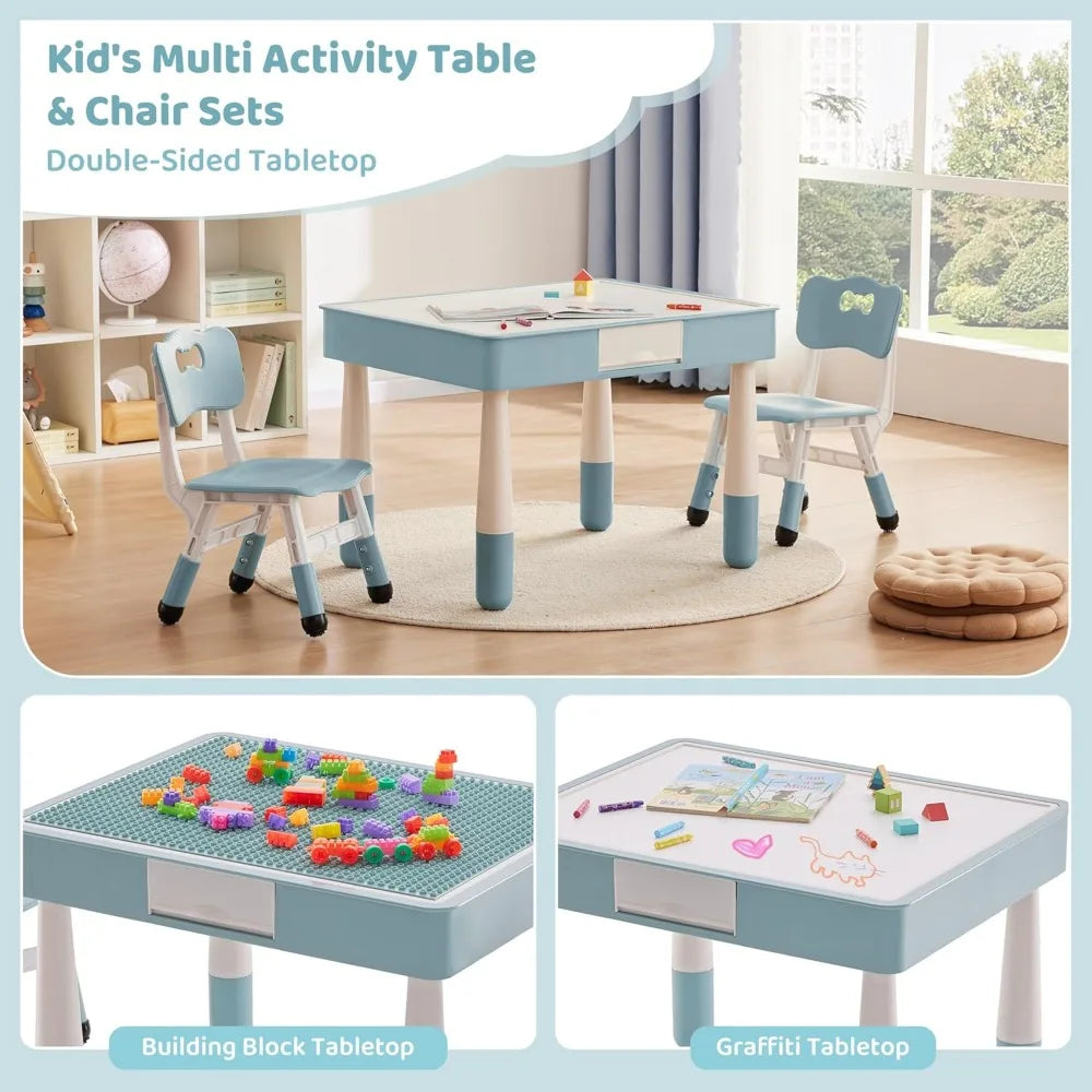 4 in 1 Kids Table and 2 Chairs Set with Storage,Toddler Table and Chair Set for Kids Ages 3-10,Graffiti & Building Blocks Double