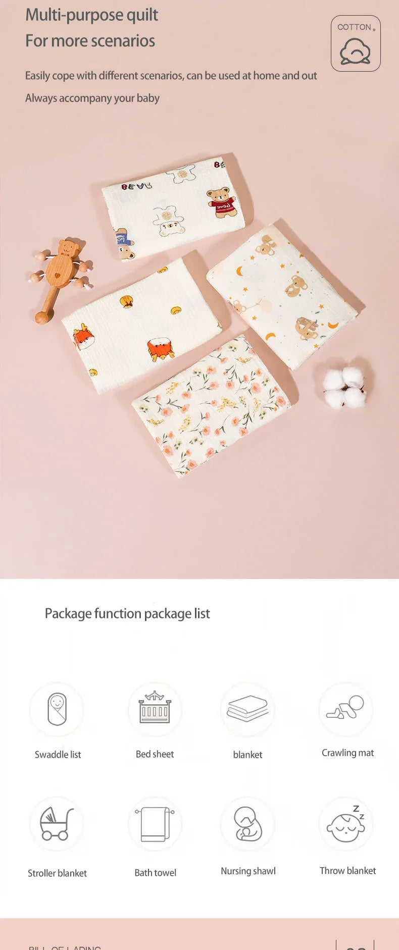 2Pc Cotton Muslin Blankets Baby Receiving Blanket for Newborn