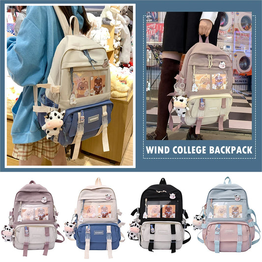 Girls Preppy Style Backpack Hit Color Large Capacity Knapsack Canvas Transparent Patchwork Rucksack Handbags