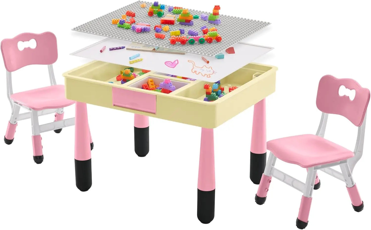 4 in 1 Kids Table and 2 Chairs Set with Storage,Toddler Table and Chair Set for Kids Ages 3-10,Graffiti & Building Blocks Double
