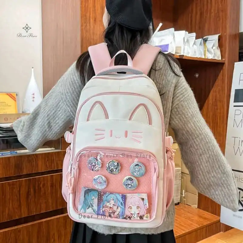 Cute Cat Ita Backpacks Large Capacity Knapsack Casual Girl Transparent DIY Display Rucksack Cartoon Trendy Travel Schoolbags