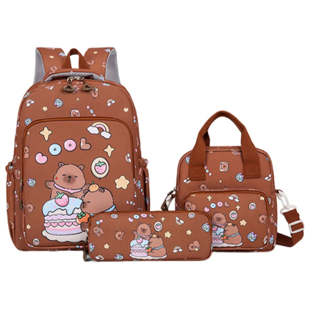 3Pcs Stylish Capybara Rucksack Wear Resist Adorable Capybara Daypack Large Capacity Casual Nylon Bookbag Shopping Work Backpack