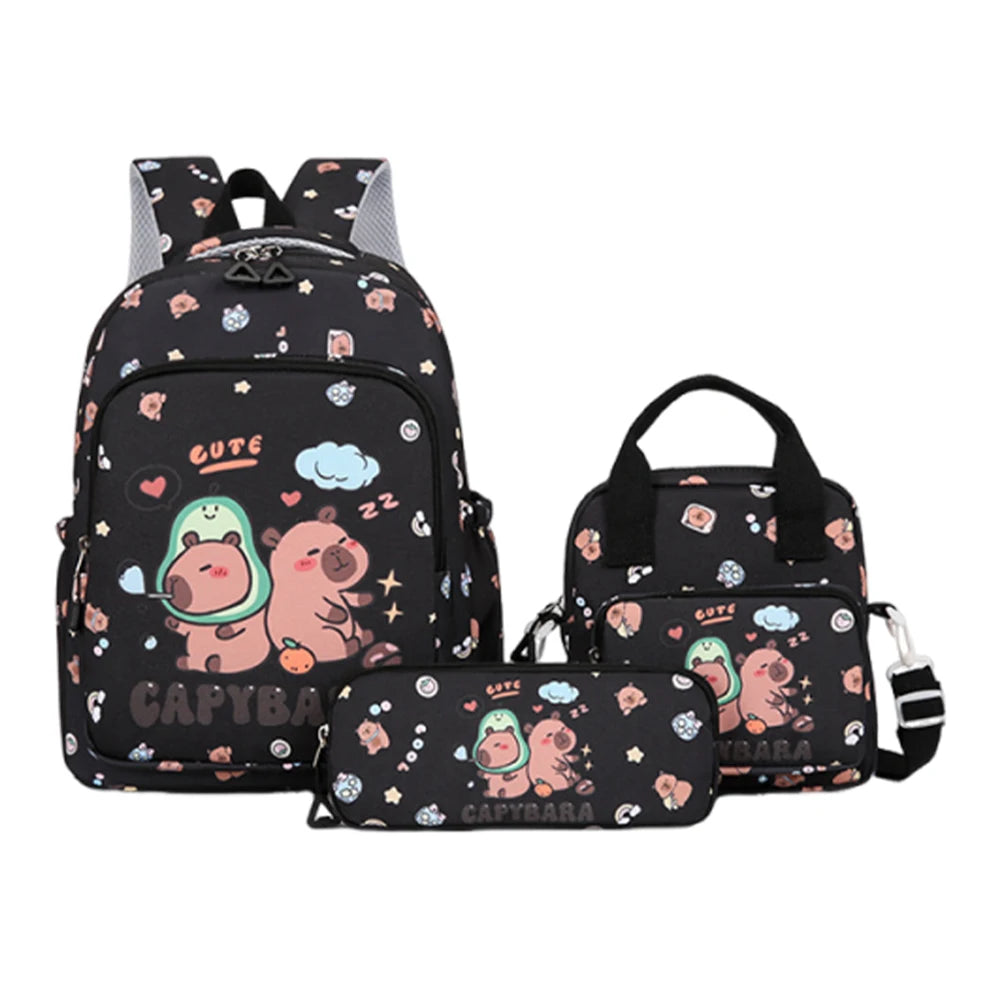 3Pcs Stylish Capybara Rucksack Wear Resist Adorable Capybara Daypack Large Capacity Casual Nylon Bookbag Shopping Work Backpack