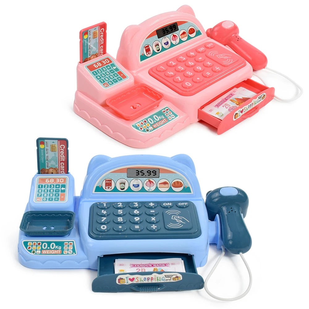 Children's Mini Cash Register With Scanner Montessori Supermarket Play House Game Lights Sound Kids Toys Boy Girl Birthday Gift