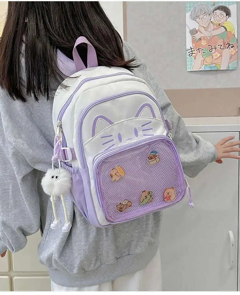 Cute Cat Ita Backpacks Large Capacity Knapsack Casual Girl Transparent DIY Display Rucksack Cartoon Trendy Travel Schoolbags