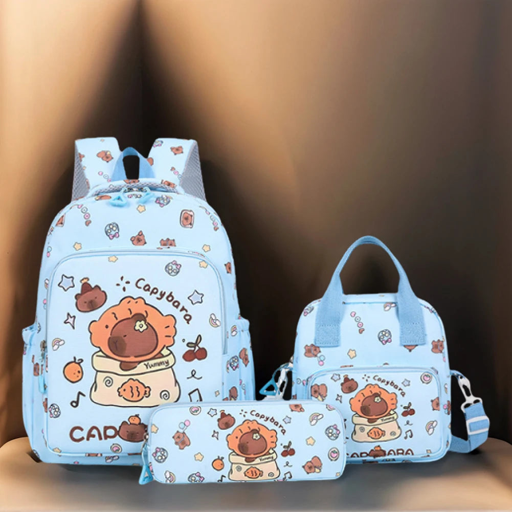 3Pcs Stylish Capybara Rucksack Wear Resist Adorable Capybara Daypack Large Capacity Casual Nylon Bookbag Shopping Work Backpack