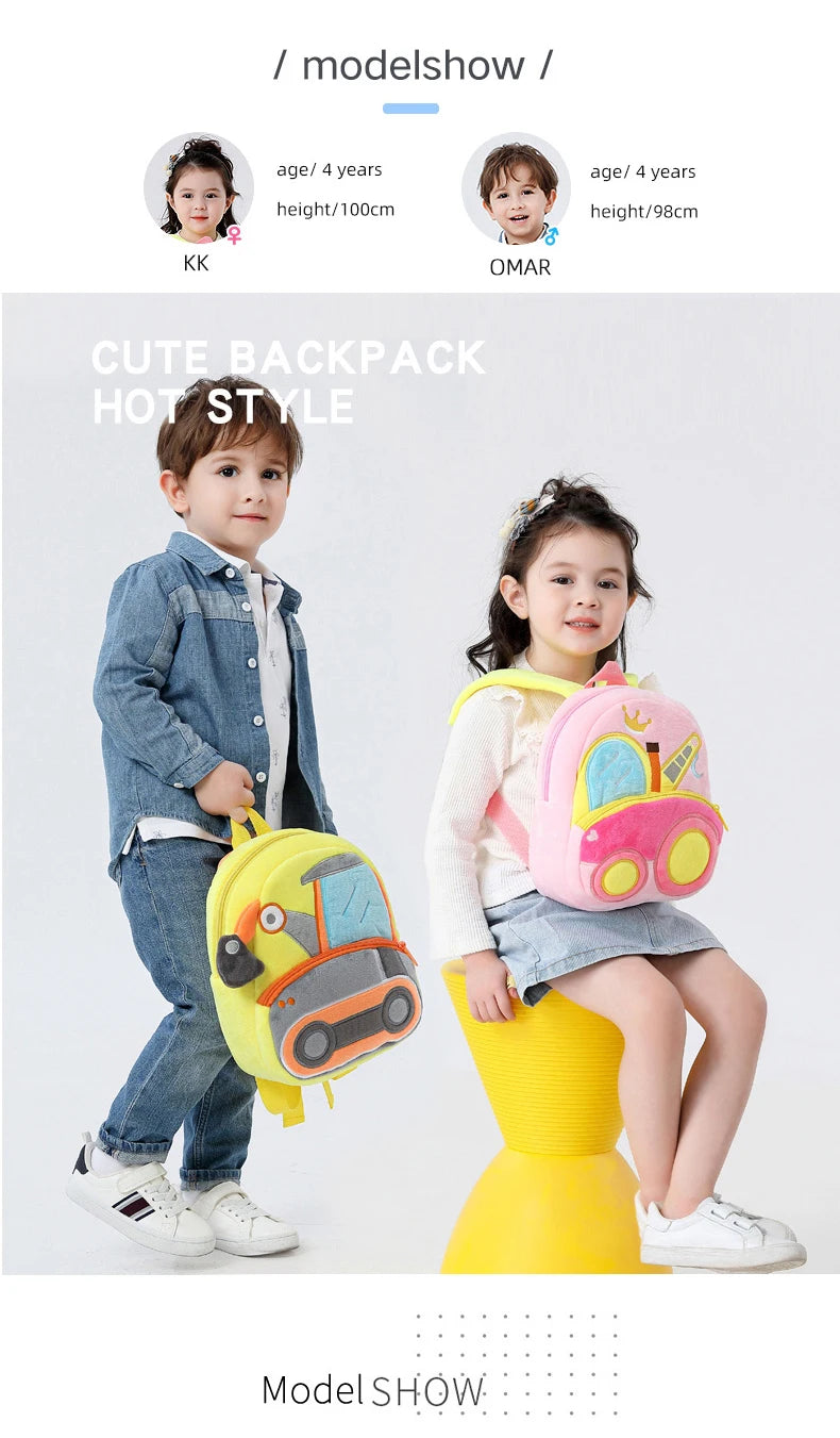 2-4 years old kids engineering backpack cartoon excavator backpack plush kids small school bag toy backpack