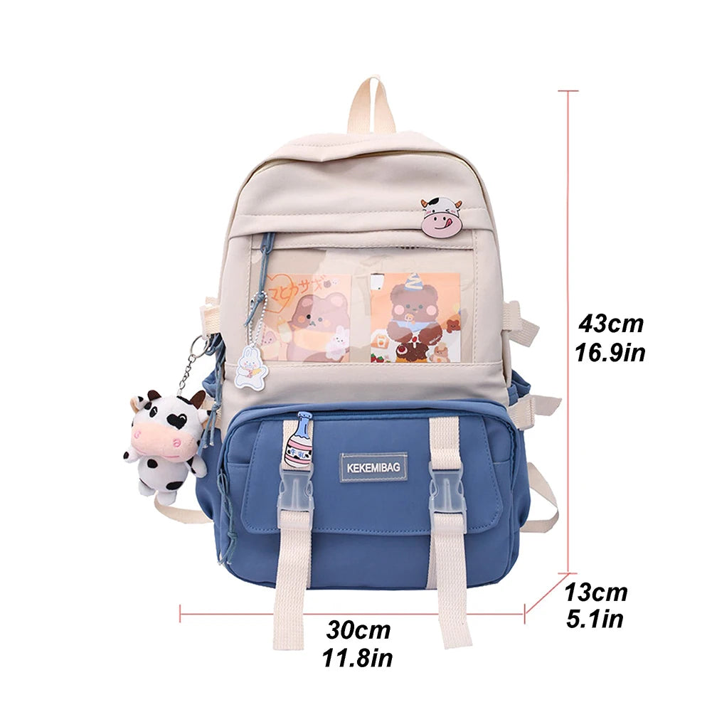 Girls Preppy Style Backpack Hit Color Large Capacity Knapsack Canvas Transparent Patchwork Rucksack Handbags