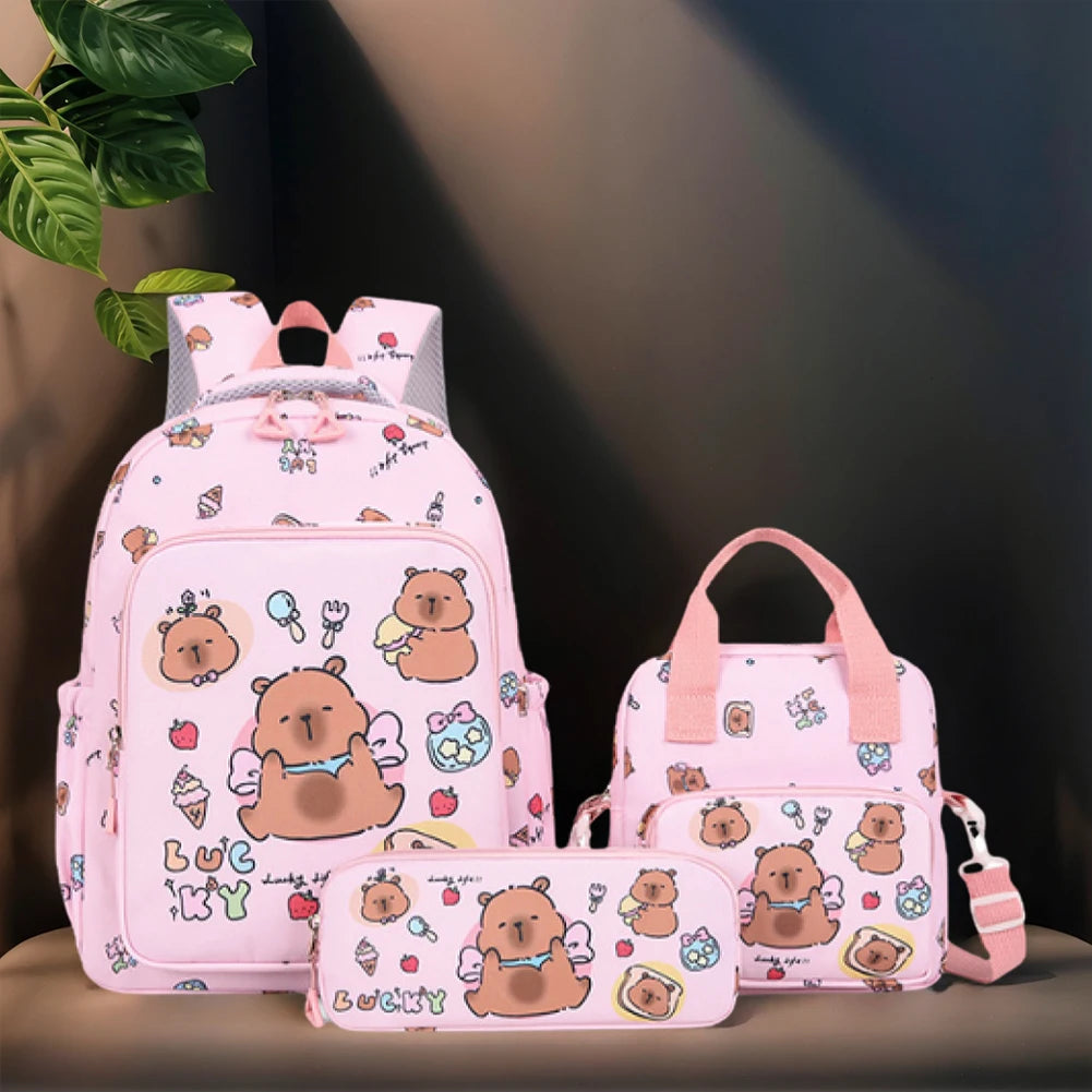 3Pcs Stylish Capybara Rucksack Wear Resist Adorable Capybara Daypack Large Capacity Casual Nylon Bookbag Shopping Work Backpack