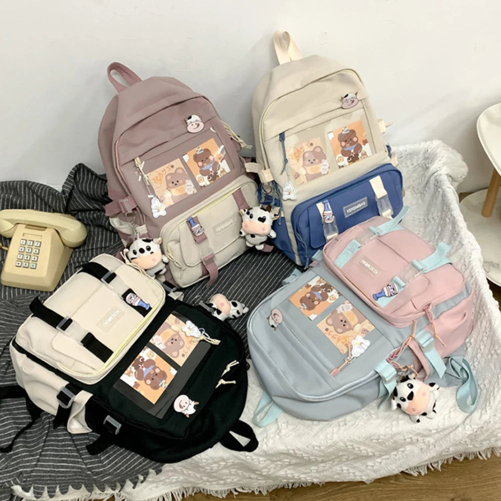 Girls Preppy Style Backpack Hit Color Large Capacity Knapsack Canvas Transparent Patchwork Rucksack Handbags
