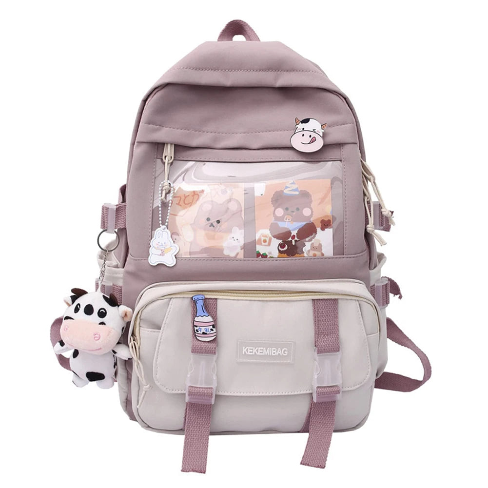 Girls Preppy Style Backpack Hit Color Large Capacity Knapsack Canvas Transparent Patchwork Rucksack Handbags