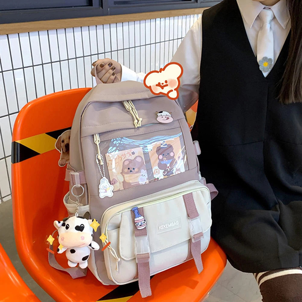 Girls Preppy Style Backpack Hit Color Large Capacity Knapsack Canvas Transparent Patchwork Rucksack Handbags